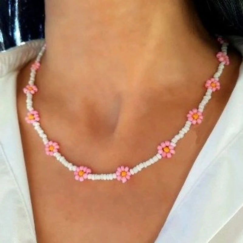 Pink Daisy Beaded Necklace